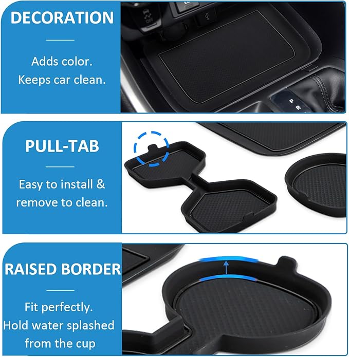 Auovo 3D Cup Holder Insert Liners Compatible with Toyota RAV4 Accessories 2025 2024 2023 2022 2021 2020 2019 Car Custom Cup Holder Mats Pads 3-pc Set (Black Trim)