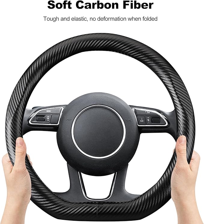 Ergocar Carbon Fiber Material Steering Wheel Cover Anti-Slip Breathable Sweat Absorbent Fashionable Sport Steering Wheel Sleeve for D-Shaped Diameter 15"（37.5-38cm）-Black