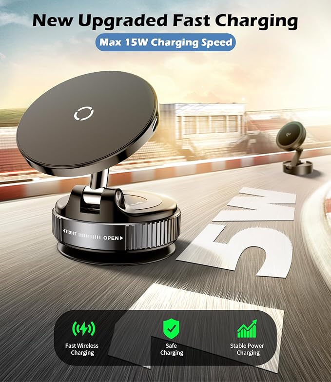 15W Fast Charging Magnetic Car Phone Holder [New Elastic Vacuum Suction Cup] 360° Adjustable Wireless Charger Car Mount for MagSafe iPhone 17 Pro Max 17 Pro 16 15 14 13 12