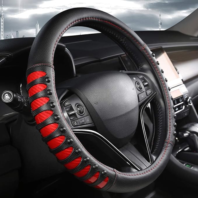 West Llama Microfiber Leather Car Steering Wheel Cover for Men Women,Universal Fit 14.5-15 inch(Leather Nails-Red+Black-Standard Size)