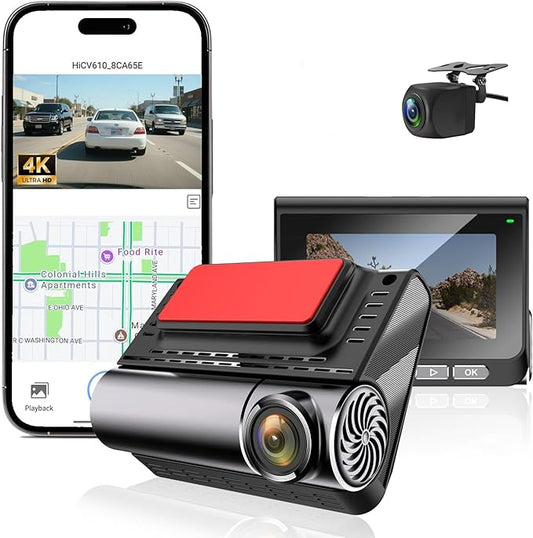Dash Cam Front and Rear, 4K/2.5K Dual Channel Dashboard Camera Recorder, Night Vision, with Built-in Wi-Fi, GPS, App Control, Wide Angle, 24 Hours Parking Mode, G-Sensor, Included 64GB Card