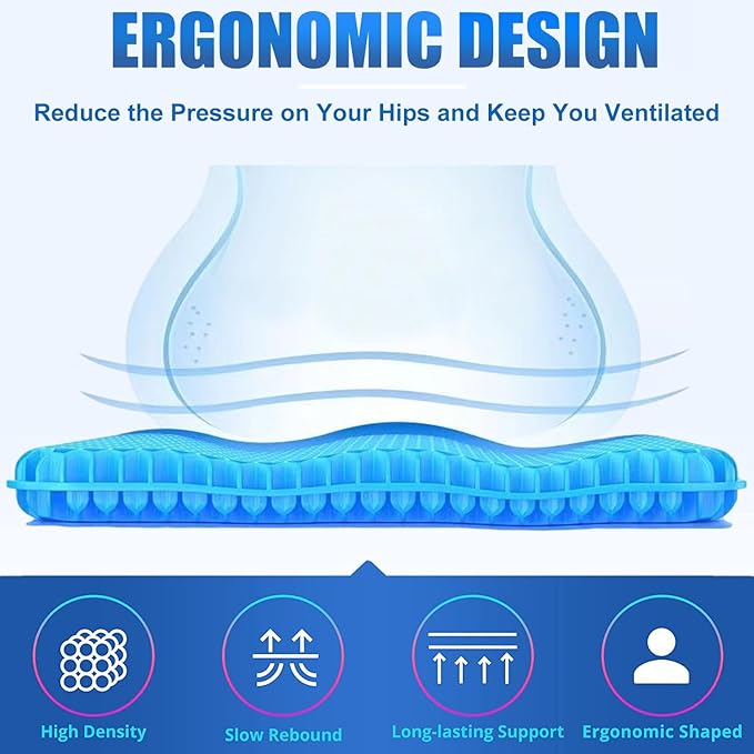 Gel Seat Cushion for Long Sitting Pressure Relief(Super Large&Thick) -Wheelchair Cushion for Pressure Sores - Coccyx,Sciatica & Tailbone Pain Relief Cushion- Non-Slip Butt Pillow for Office, Home, Car