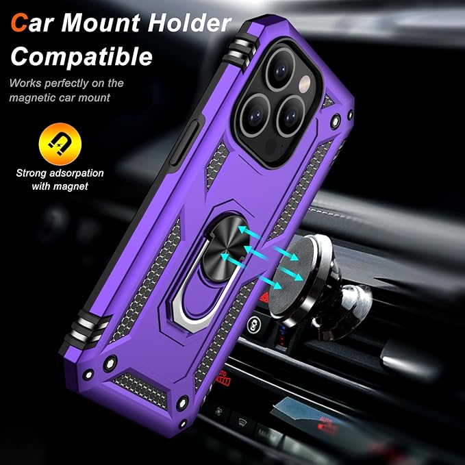 IKAZZ for iPhone 14 Pro Case 6.1 Inch with Screen Protector,Military Grade Shockproof Heavy Duty Protective Phone Cover Pass 16ft Drop Test with Magnetic Kickstand Car Holder,Purple