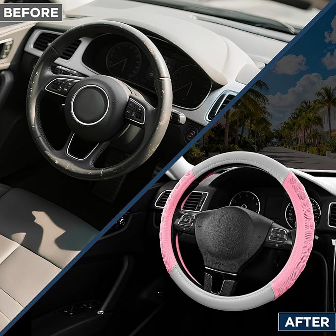 PIC AUTO Massage Steering Wheel Cover, Pink Football Pattern Material Spliced & Gray Leather Car Steering Wheel Cover, Car Steering Cover, Universal Fit 14.5"-15.5" for Cars, Trucks, Van, SUVs