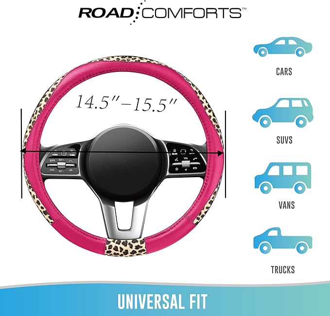 Road Comforts Steering Wheel Cover - Made with PVC Leather and Leopard Fabric - Universal 14 1/2 inches to 15 inches for Most Automotive Steering Wheel - Cheetah Print -Hot Pink