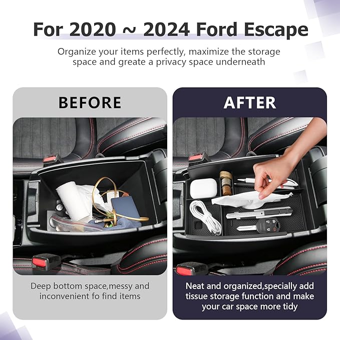 LUWU Ford Center Console Organizer Compatible with Ford Escape (2020-2025), Ford Bronco Sport (2021-2025) Console Organizer Tray Armrest Storage w/Tissue Box 2025 Ford Escape Bronco Sport Accessories