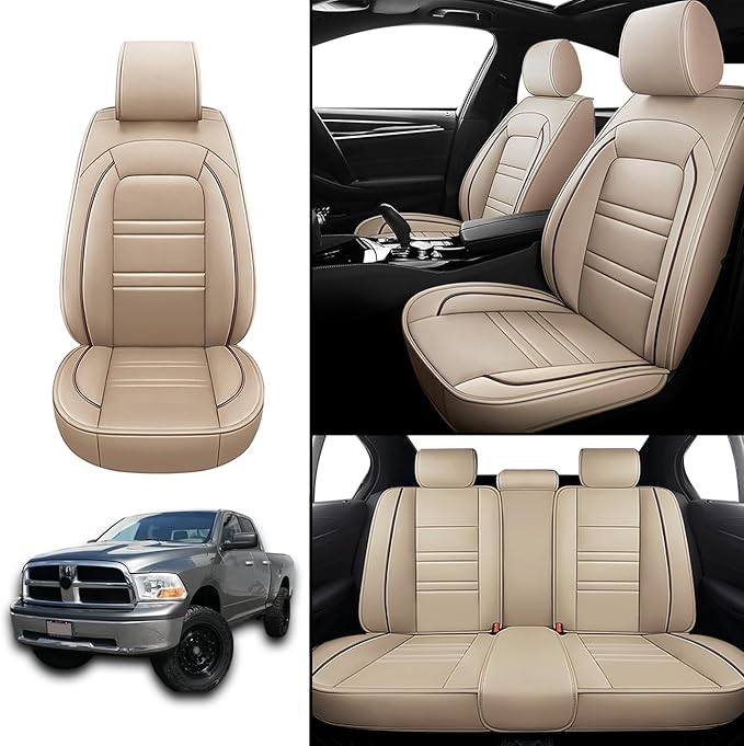 Seat Covers for Dodge ram 1500 2004-2011 | 5-Seats Leather Seat Covers, Easy to Install Automotive Seat Covers Full Set (Full Set, Beige)