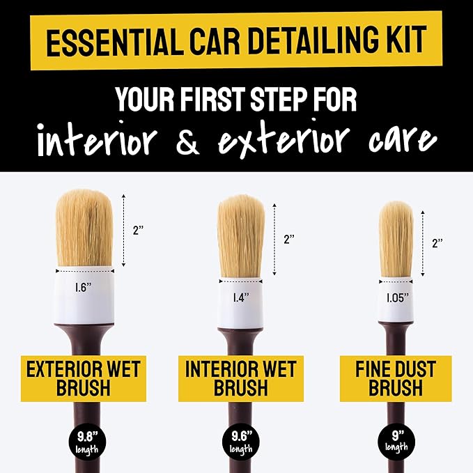 Soft Boar Hair Car Detailing Brush Set - 3-Pack, Brown - Car Detailing Kit for Versatile Uses - Soft Bristles Cleaning Brush - Water-Resistant Handles