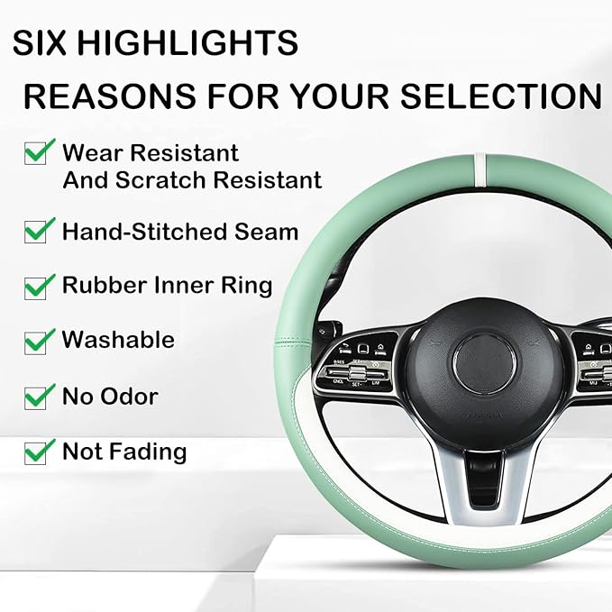Green & White Nappa Leather Steering Wheel Cover, Cute Car Steering Wheel Cover for Men Women, 14.5-15 Inch Non-Slip Breathable Microfiber Leather Car Steering Wheel Protector