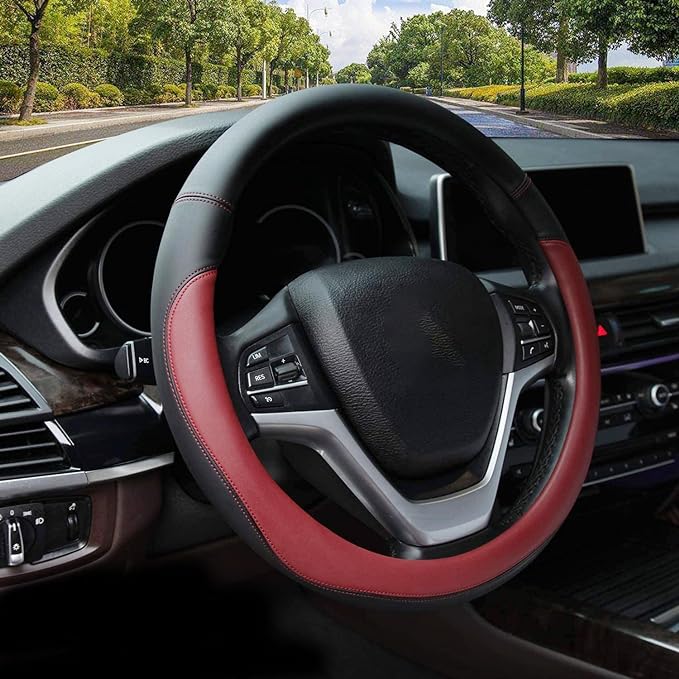 Valleycomfy Microfiber Leather Steering Wheel Cover Universal 15 inch(Wine Red)