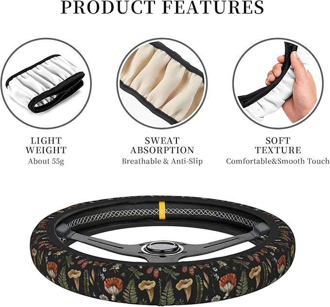 Vintage Mushroom Leaf Steering Wheel Cover for Women, Universal 15 inch Breathable Anti Slip Steering Wheel Covers for Cars, Auto, SUVs