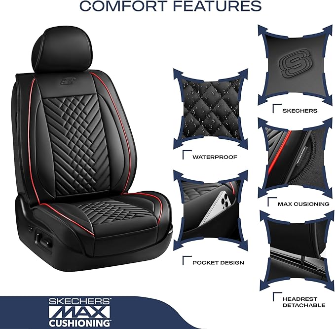 Skechers MAX Cushioning Car Seat Covers,Memory Foam Piping Leather Seat Covers,Waterproof Car Seat Protector Front Seats,Car Seat Cushion Airbag Universal Fit for Most Cars,Vans,Trucks,SUV,Red