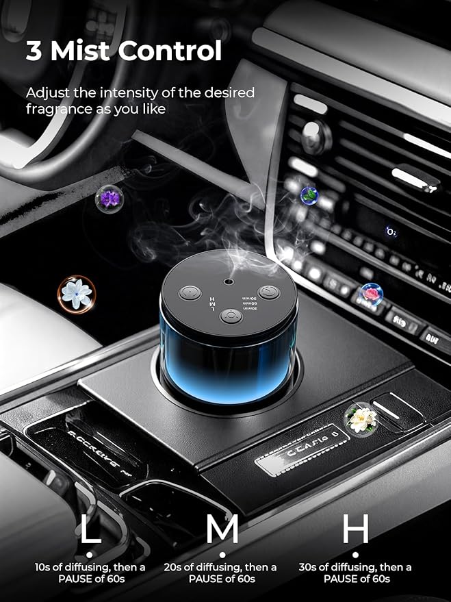 Waterless Diffuser for Essential Oil: Mini Battery Scent Diffuser for Room&Home&Car with 9 Colors LED Light - Aroma Cool Mist Obsidian Black