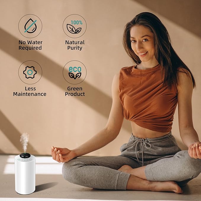 Waterless Essential Oil Diffuser Aromatherapy Scent Diffusers for Home Large Room, Bedroom, Car, Office, Desk, Battery Operated Mini Portable Air Freshener,4 Timers & 3 Mist Levels (White)
