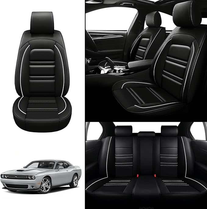 Seat Covers for Dodge Challenger 2008-2023 | 5-Seats Leather Seat Covers, Easy to Install Automotive Seat Covers Full Set (Full Set, Black&White Line)