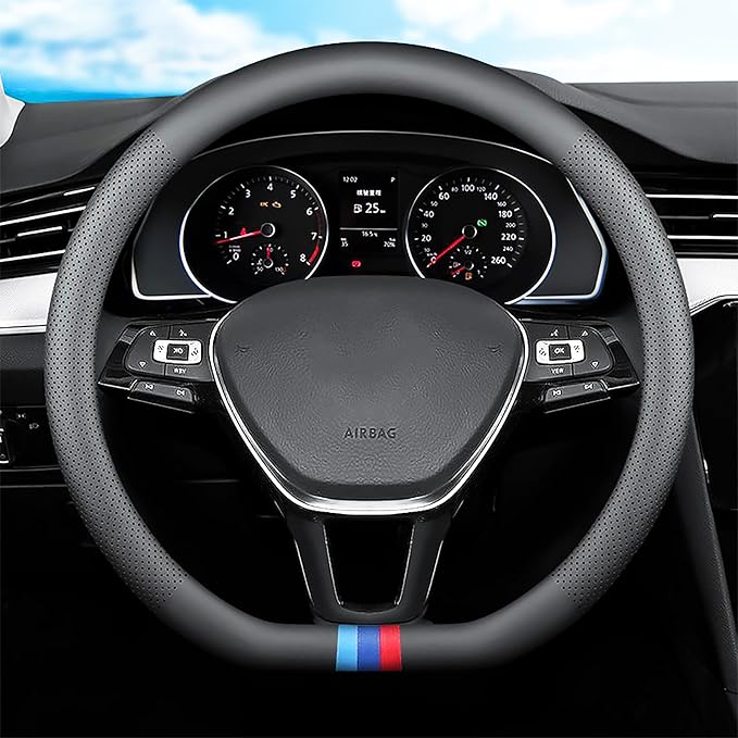 Tricolor Stripes D-Type Steering Wheel Cover, Cute Steering Wheel Cover for Women, 14.5-15 Inch Non-Slip Breathable Microfiber Car Steering Wheel Protector