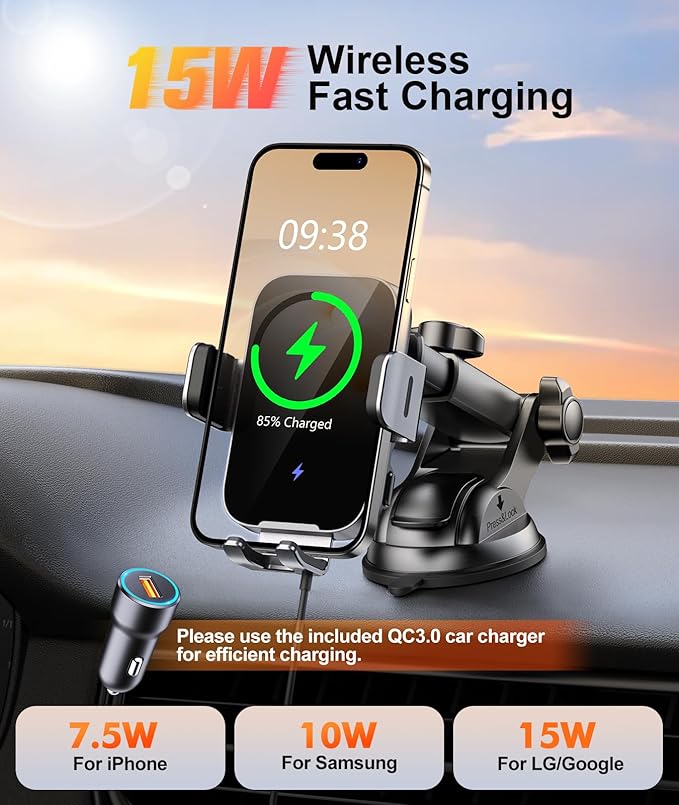 Wireless Car Charger Mount Auto Clamping, 15W Fast Charging Car Phone Holder Charger for Dash Windshield Vent for iPhone 17 16 15 14 13 12 Pro Max, Samsung Galaxy S25 S24+ S23 Ultra S22 S21+