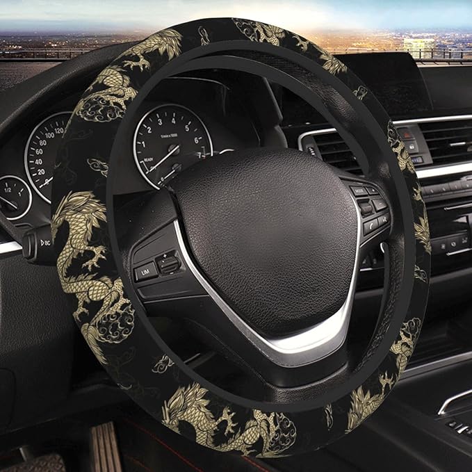 Golden Dragon Steering Wheel Cover for Men, Anti-Slip Elastic Breathable Soft Rubber Car Steering Wheel Protective Cover, Universal 15 Inch Fit for Cars, Auto, SUVs