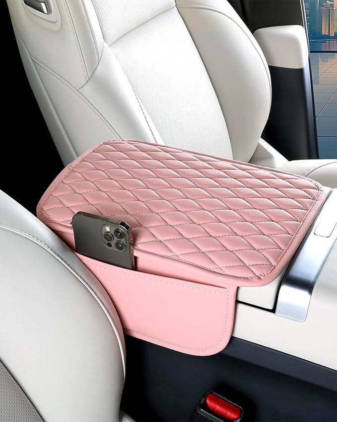 ESKONKE [Upgraded] Car Center Console Cover with 2 Storage Bags - Premium Nappa Leather Armrest Cover, Scratch & Wear Resistant, Waterproof Car Interior Accessories (Classic - Pink)