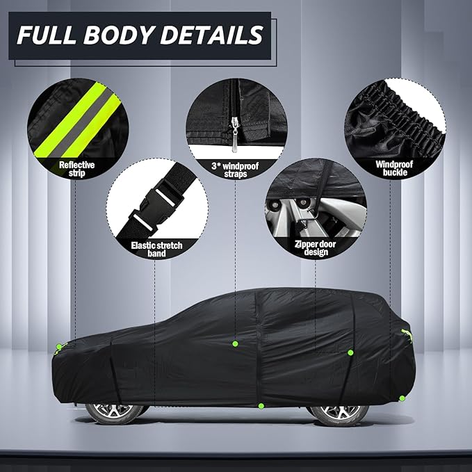 6 Layers Car Cover Waterproof All Weather for Automobiles, SUV Cover Size A7 Universal Fit for Toyota Highlander, Honda Pilot, Nissan Pathfinder/Murano, BMW X5/X6 (191-201 inch)