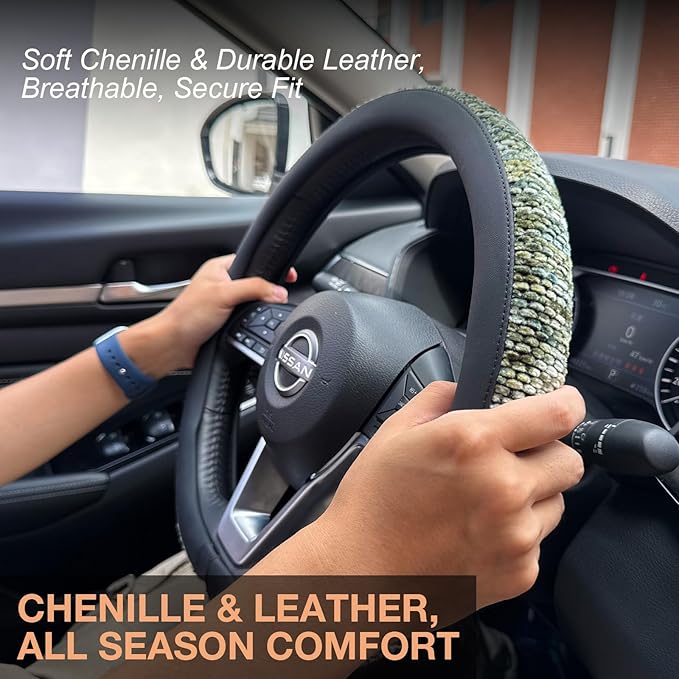 PINCTROT D Shaped Chenille Leather Steering Wheel Cover, Soft Mottled Colors, Sweat-Proof, Non-Slip Grip, All-Season Comfort, Flat Bottom 14.5-15 Inch(Mottled Green)