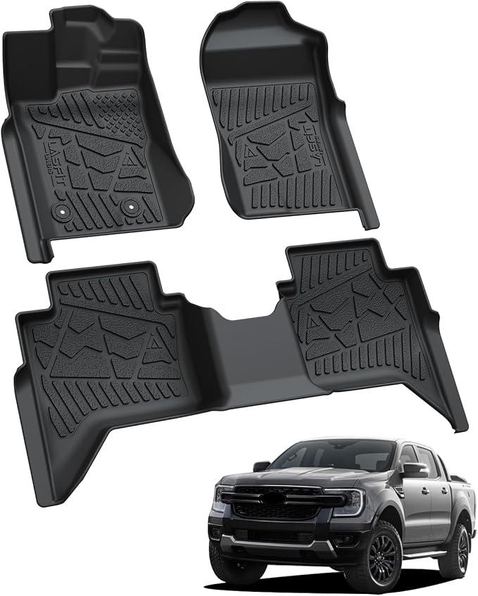 LASFIT Floor Mats for Ford Ranger 2025 2024 SuperCrew Cab All Weather Truck Protector TPE Carpeted Floor Liners, Front and Rear Row, 3pc Black