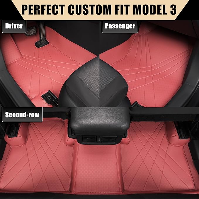 EKR Custom Floor Mats for Tesla Model 3 2024-2025, Front & 2nd Row Luxury Car Floor Mat Fit Model 3 2024 2025 - Leatherette Floor Liners (Burgundy)