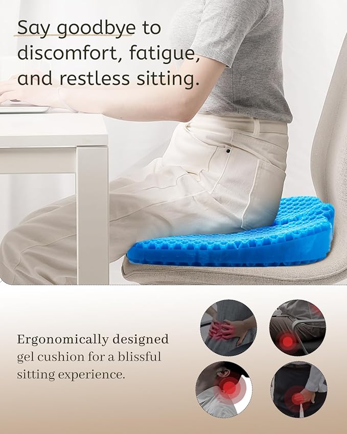 Gel Seat Cushion for Long Sitting & Hip Pain Relief (Large Size) - Cooling 3D Cushions for Office Chair, Car, Wheelchair, Breathable & Non-Slip Cover with Pressure Relief Technology