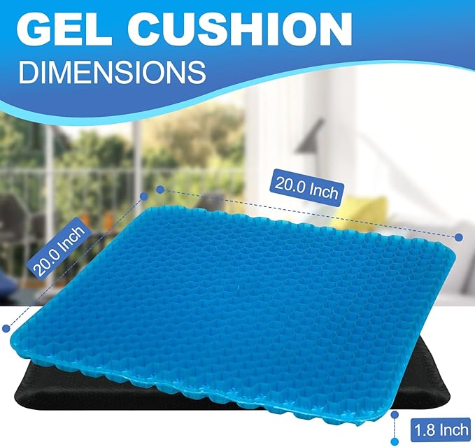 Gel Seat Cushion for Long Sitting - 20" x 20" x 1.8" (Extra Thick＆Soft) Gel Cushion for People Over 140 lbs, Pressure Relief Cushion for Office Chair, Egg Cushions for Wheelchair, Gel Pad for Car