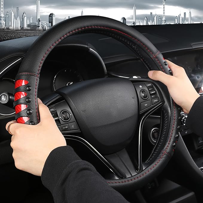 West Llama Microfiber Leather Car Steering Wheel Cover for Men Women,Universal Fit 15.5-16 inchs(Leather Nails-Red+Black-Large Size)