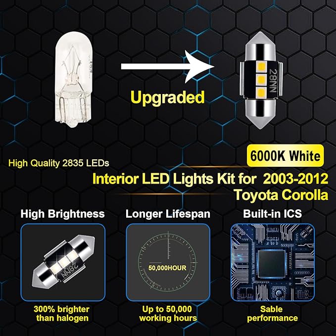 EASY EAGLE LED Interior Car Lights for Toyota-Corolla-2003-2012: 6 Piece Kit White LED Light Bulbs - Super Bright 6000K + Install Tool