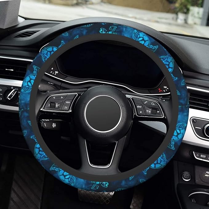 Watercolor Blue Sea Turtle Car Steering Wheel Cover Universal Fit 15 inch, Sweat Absorption Anti-Slip Breathable Neoprene Steering Wheel Protector for Women