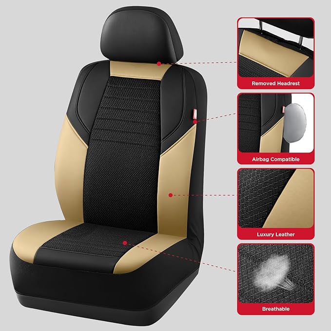 Rubbermaid Car Seat Cover, Leather & Air-Cool Mesh Front Seat Cover, Airbag Compatible, Slip-On Installation, Automotive Seat Cover Universal Fit for Most Cars, Trucks, SUVs-Beige