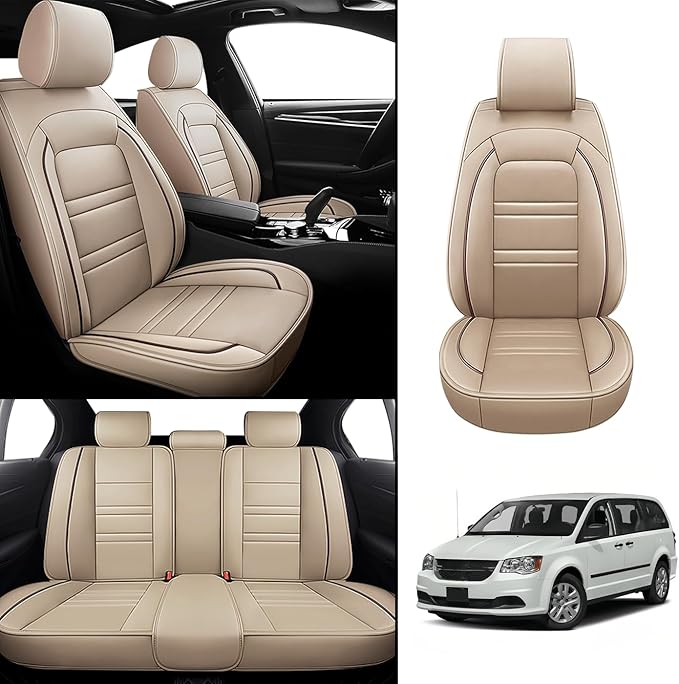 Seat Covers for Dodge Grand Caravan 1999-2020 | 5-Seats Leather Seat Covers, Easy to Install Automotive Seat Covers Full Set (Full Set, Beige)