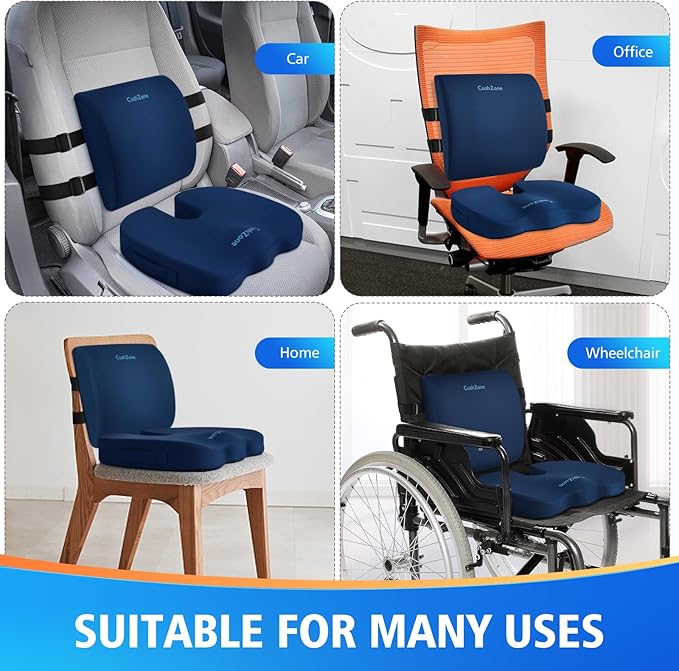 Seat Cushion, Lumbar Support Pillow with Adjustable Strap-Chair Cushions for Sciatica Pain Relief-with Washable Cover Memory Foam for Car, Travel and Wheelchair-Blue