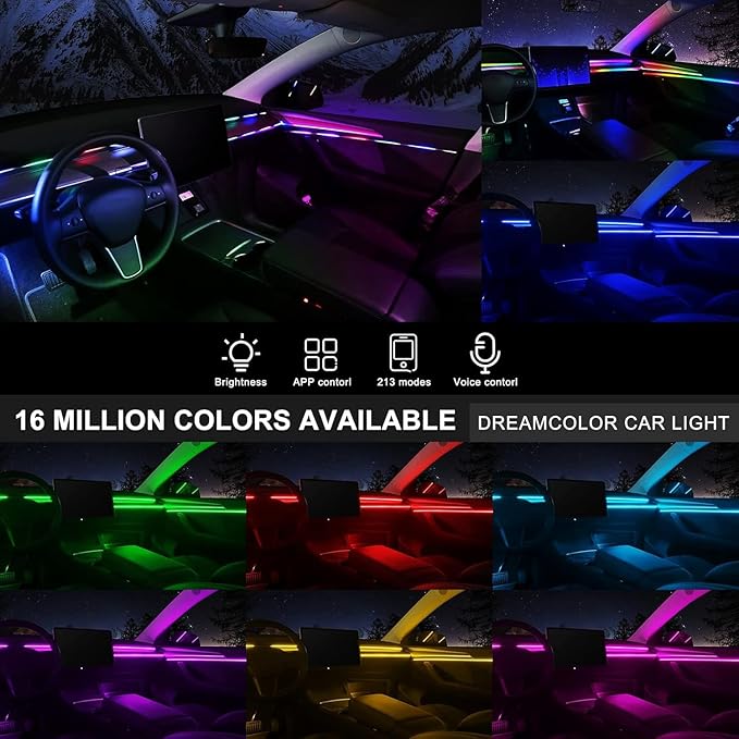 Acrylic Interior Car LED Strip Light with Wireless APP, RGB Dreamcolor 5 in 1 Ambient Lighting Kits, 16 Million Colors Sound Active Function Car Neon Lights, Sync to Music (dreamcolor 5 in 1)
