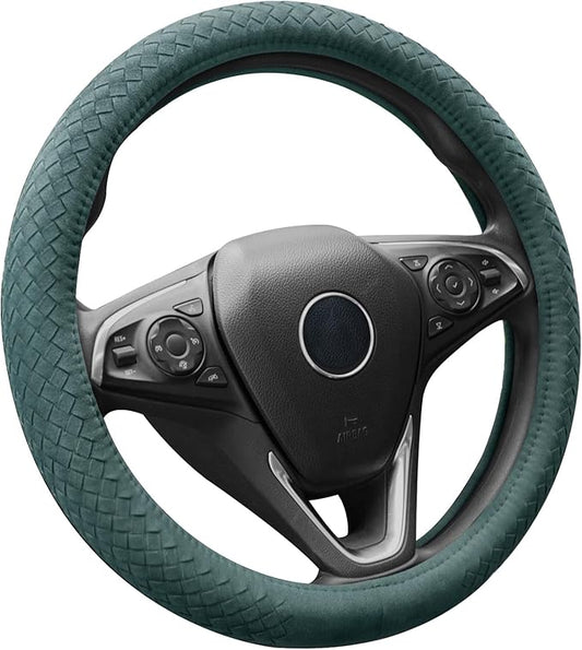 Suede Steering Wheel Cover with Upgraded Silicone Inner Ring, Breathable, Anti-Slip, Leather Universal 14.5 to 15 Inch Steering Wheel Cover (Green with Handwoven Craft)