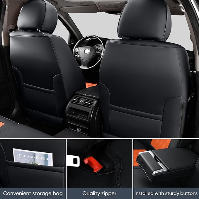 Auto Car Seat Covers Accessories Full Set Leather Cushion Protector Breathable Waterproof Seat Cover for Cars Universal Fit (Black&Orange, FullSet Without Headrest)