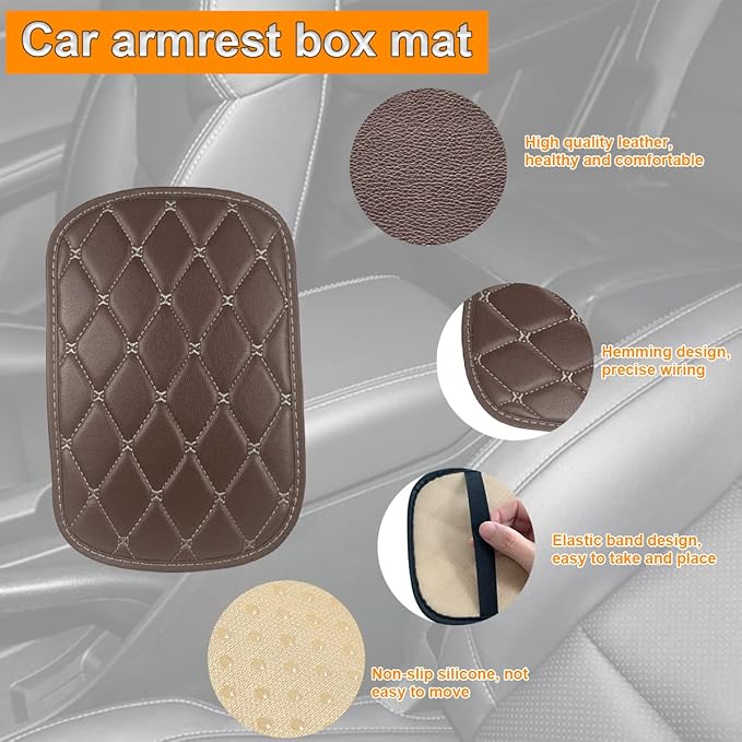 Auto Center Console Pad, PU Leather Car Center Console Box Cushion, Non Slip Soft Armrest Seat Box Cover, Waterproof Vehicle Armrest Protector for SUV, Truck, Car (Rhombic Lattice Brown/Beige)
