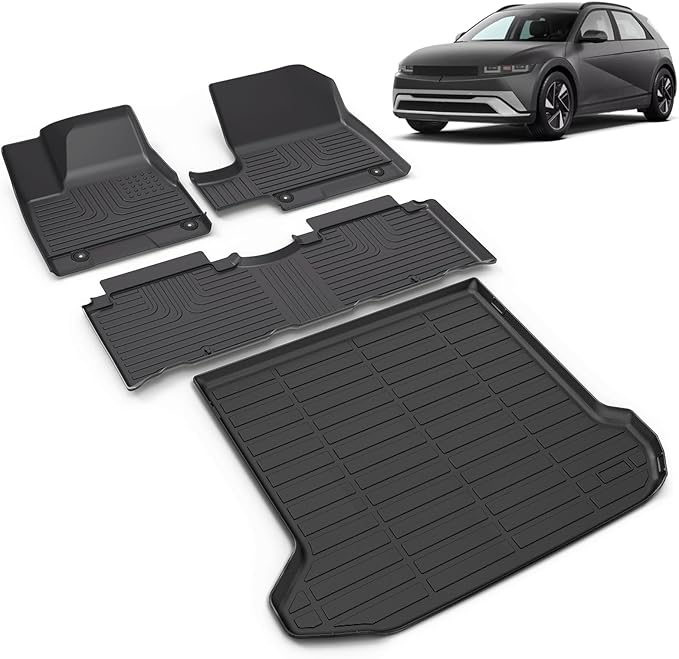 All Weather Car Floor Mats & Cargo Liner Set Fit for Hyundai Ioniq 5 Fixed Console 2025 (Non-Sliding Console) Floor Liners Trunk Liner Ioniq 5 Cargo Mat Accessories Black