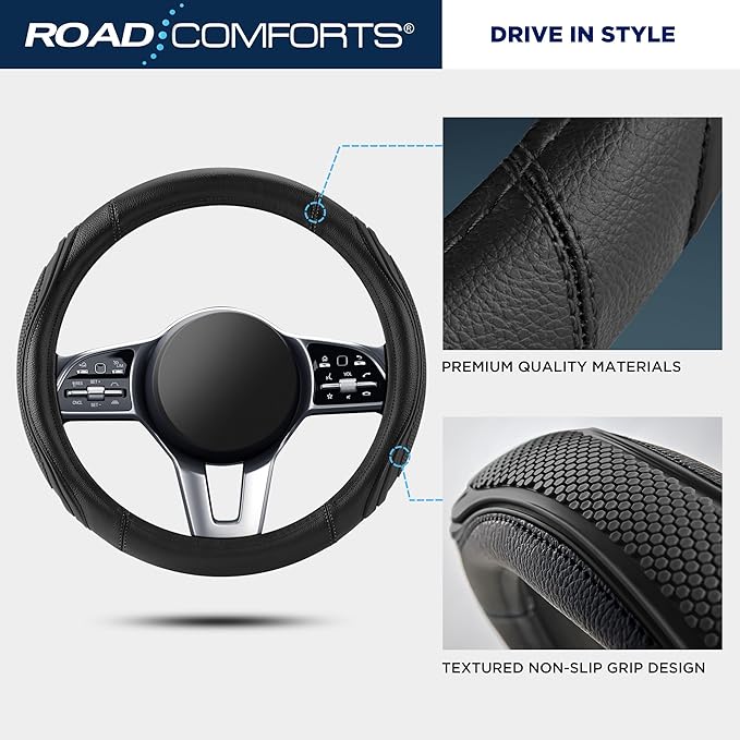 Road Comforts Car Steering Wheel Cover - Microfiber Leather Steering Wheel Wrap Sports 14.5-15 Inch Steering Wheel Cover Non-Slip for Men Women Black Color