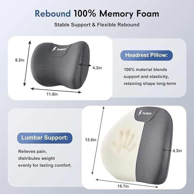 FLORICH Lumbar Support Pillow and Neck Pillow for Office Chair Car, Ergonomic Memory Foam Back Support for Office Gaming Chair Driving Seat Wheelchair, Relieves Neck, Back & Sciatica Pain – Grey