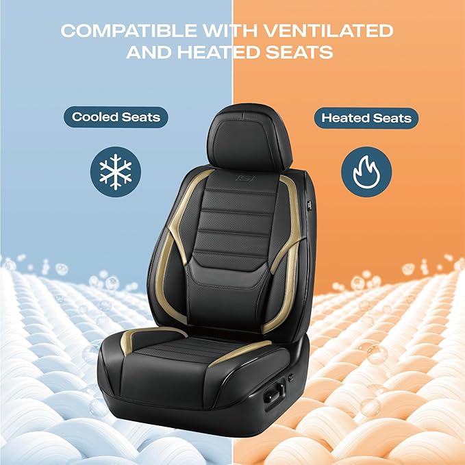 Skechers MAX Cushioning Seat Covers,Memory Foam Leather Car Seat Covers,Waterproof Car Seat Protector Full Sets,Car Seat Cushion Airbag Automotive Universal Fit for Most Cars,Vans,Trucks,SUV,Beige