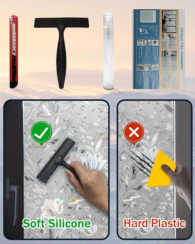 Frosted Tulip Patterned Window Privacy Film with Installation Tools, Stained Glass Decorative Film, Removable, Peep-Proof, Static Cling (35.4 x 78.7 Inch)