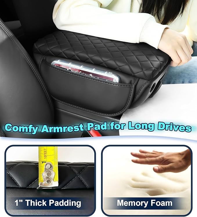 Armrest Cover for Jeep Wrangler Center Console Pad with Organizer Storage Pockets, Black Faux Leather Arm Rest Lid Protector Cushion Interior Accessories (2018-2025 Wrangler JL & Gladiator JT)