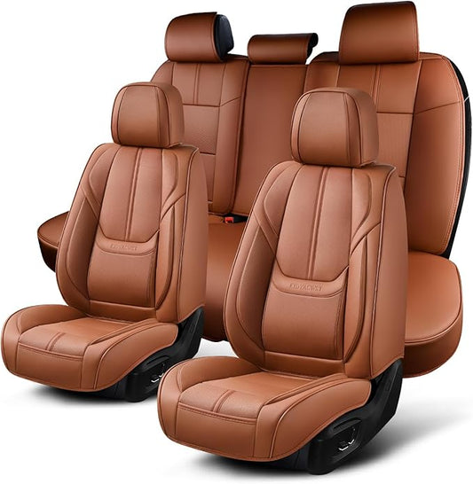 Auto Car Seat Covers Accessories Full Set Leather Cushion Protector Breathable Waterproof Seat Cover for Cars Universal Fit (Brown, FullSet Without Headrest)