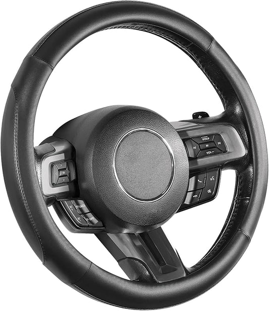 SEG Direct Car Steering Wheel Cover for Medium Standard Size Steering Wheels with 14 1/2-15 inches Outer Diameter, Black Microfiber Leather