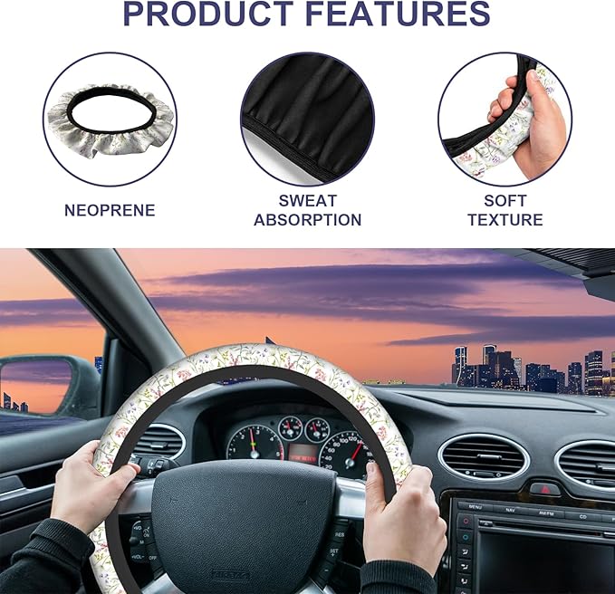 Pink Purple Flower Steering Wheel Covers - 15 Inch Lavender Blooming Herb Floral Car Wheel Cover Protective Cover