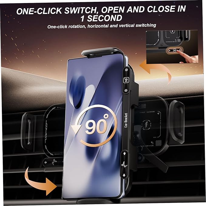 Wireless Charging Rotating Car Mount with Auto Clamping 15W Fast Charging Phone Car Mount Touch Control Wireless Chargers for Dashboard & Air Vent Black