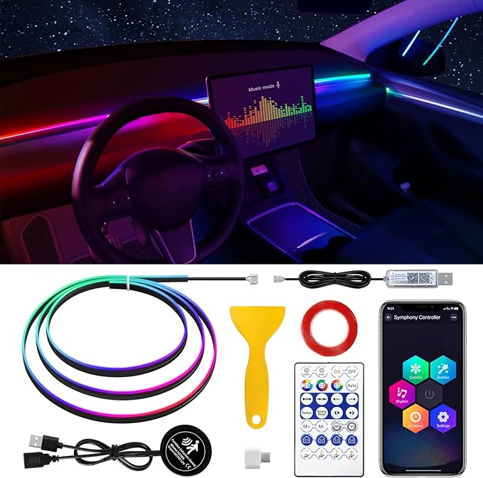 Dreamcolor Acrylic Interior Car LED Strip Light with Motion Sensor Switch, 55.1 inches Neon LED Strip Light, RGB Colors Ambient Lighting Kits